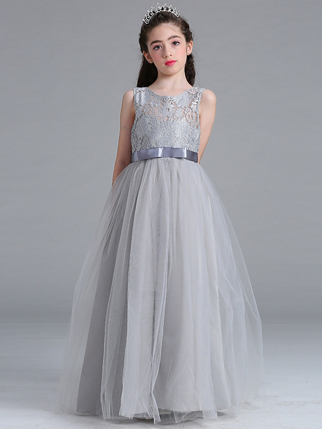 Long Floor Length Tulle Lace Junior Bridesmaid Dress A-line Flower Girl Dresses