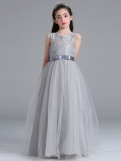Long Floor Length Tulle Lace Junior Bridesmaid Dress A-line Flower Girl Dresses