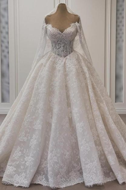V-Neck Long A-Line White Lace Wedding Dresses Tulle With Ruffles
