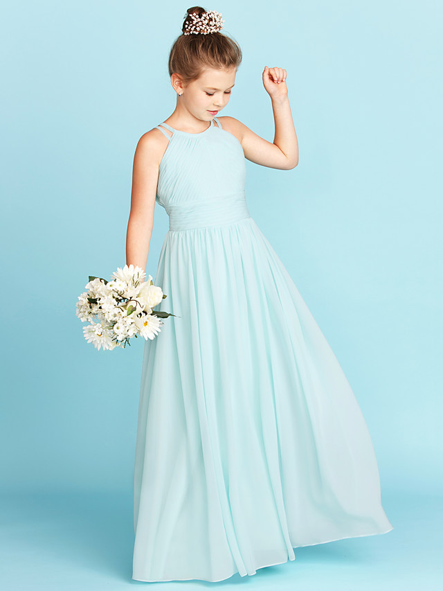 Princess / A-Line Jewel Neck Floor Length Chiffon Junior Bridesmaid Dress With Ruched / Side-Draped / Wedding Party / Open Back