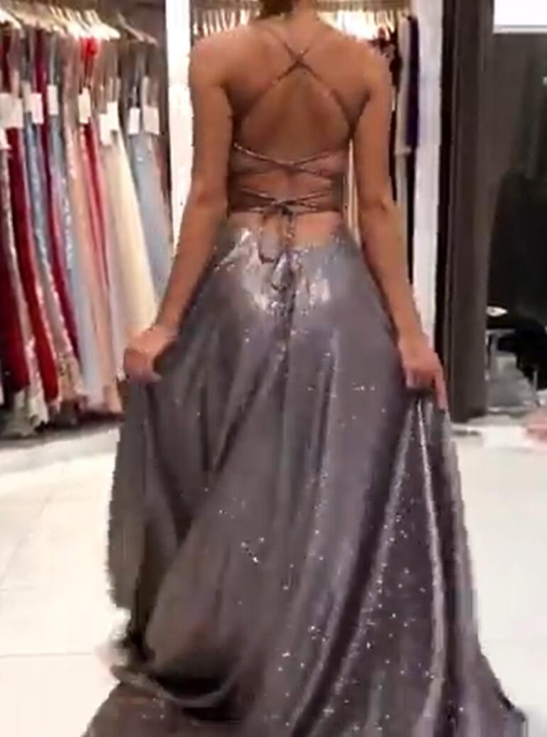 Long A-line V-Neck Spaghetti Straps Glitter Backless Prom Dresses