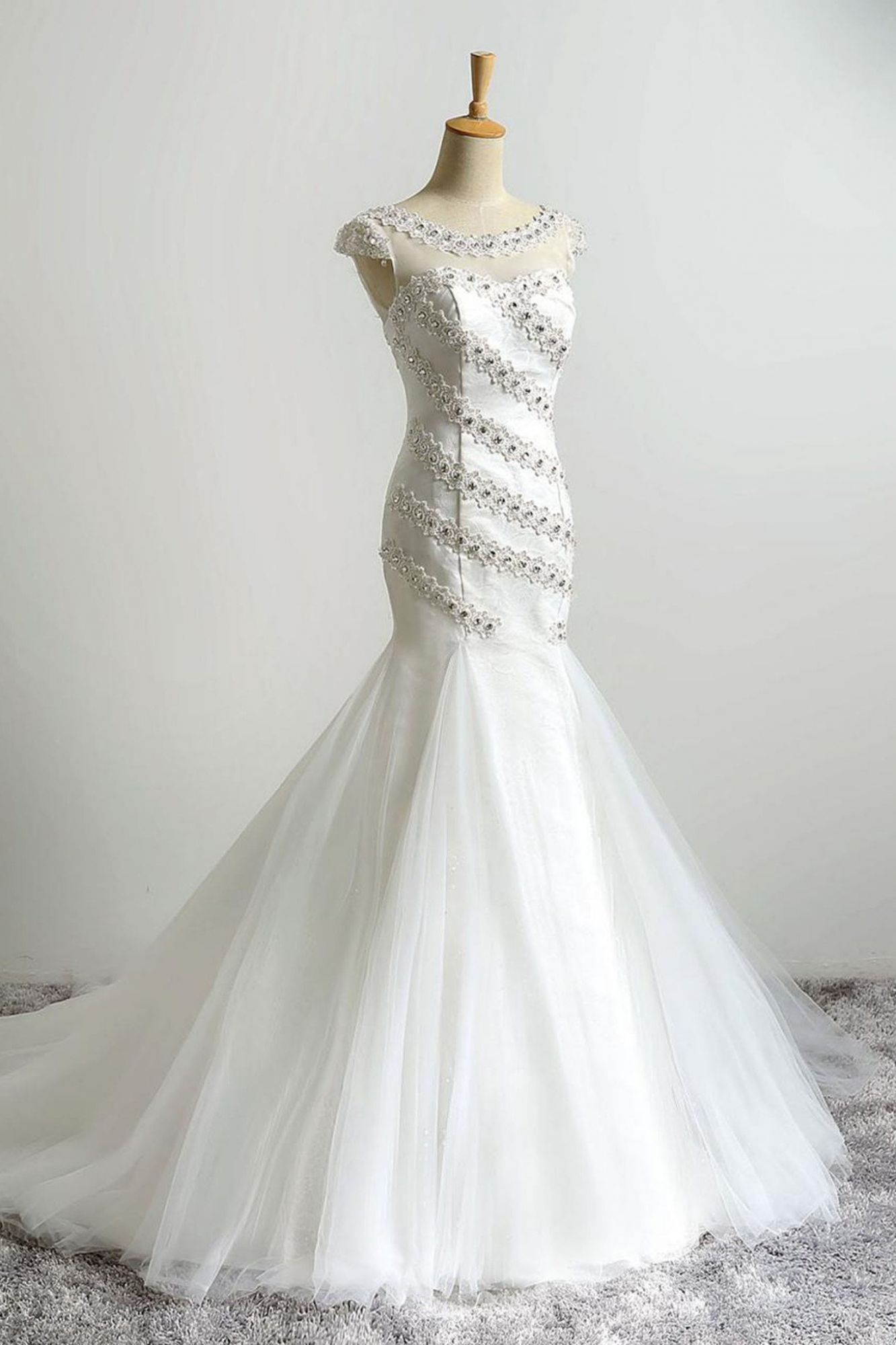 White Organza Beading Mermaid Train Wedding Dresses