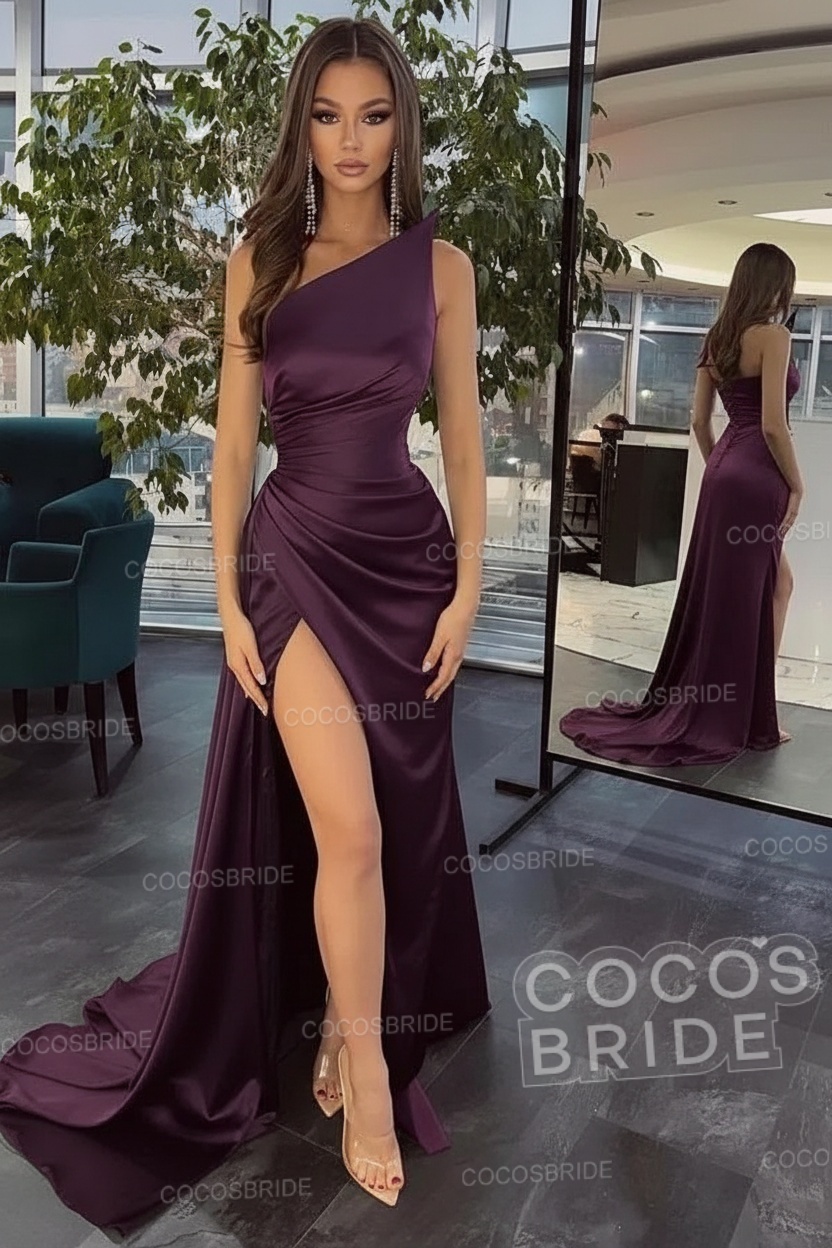 Elegant Black Long Mermaid One Shoulder Satin Prom Dress