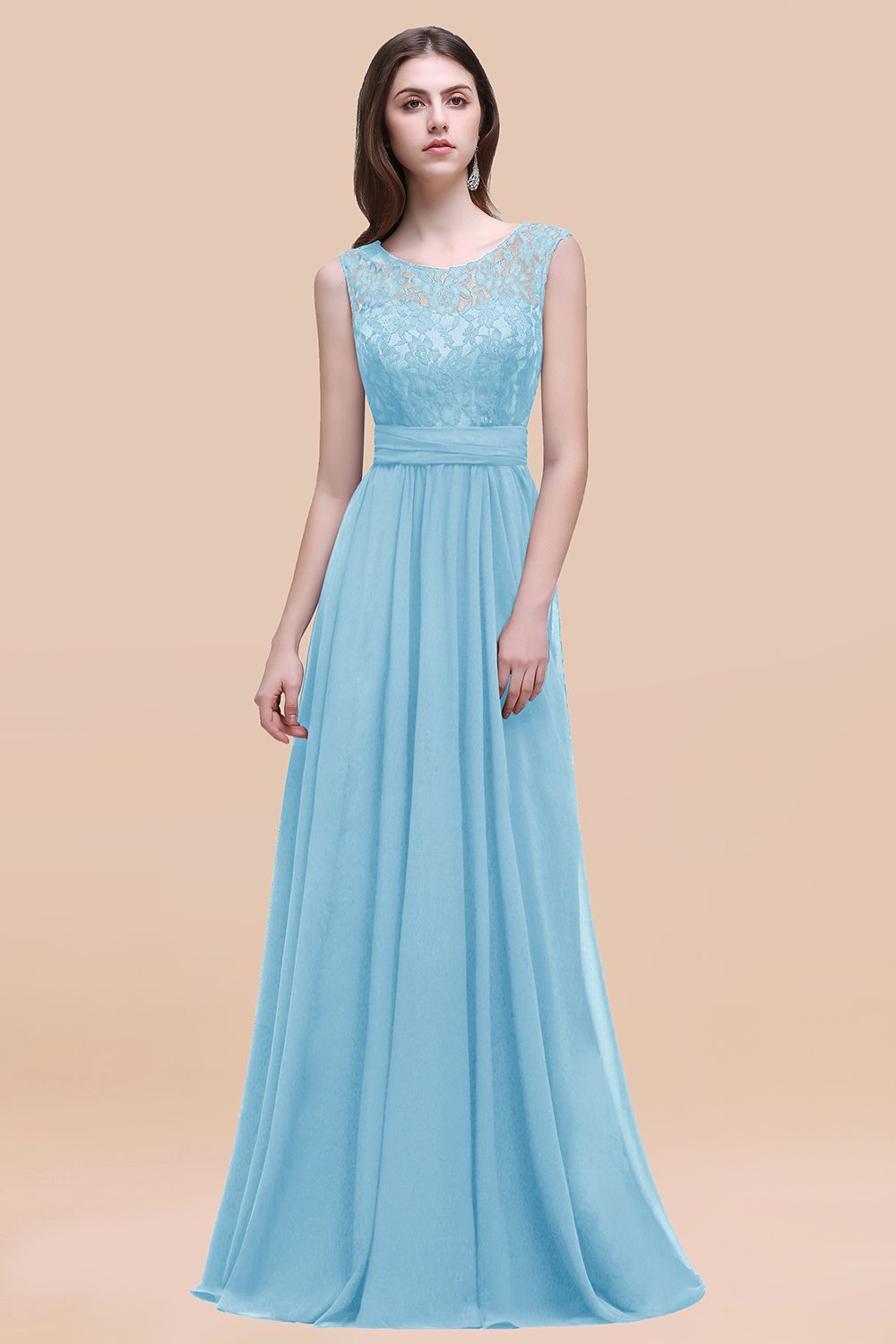 Elegant A-line Chiffon Lace Scoop Sleeveless Floor-Length Bridesmaid Dress