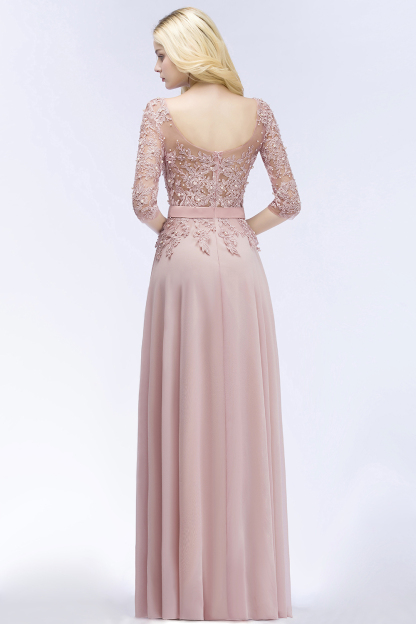 A-line Chiffon Appliques Jewel Half-Sleeves Floor-Length Bridesmaid Dresses with Sash