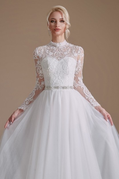 Modest A-line High Neck Long Sleeves Tulle Lace Wedding Dresses