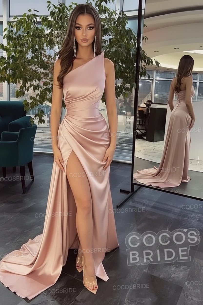 Elegant Black Long Mermaid One Shoulder Satin Prom Dress