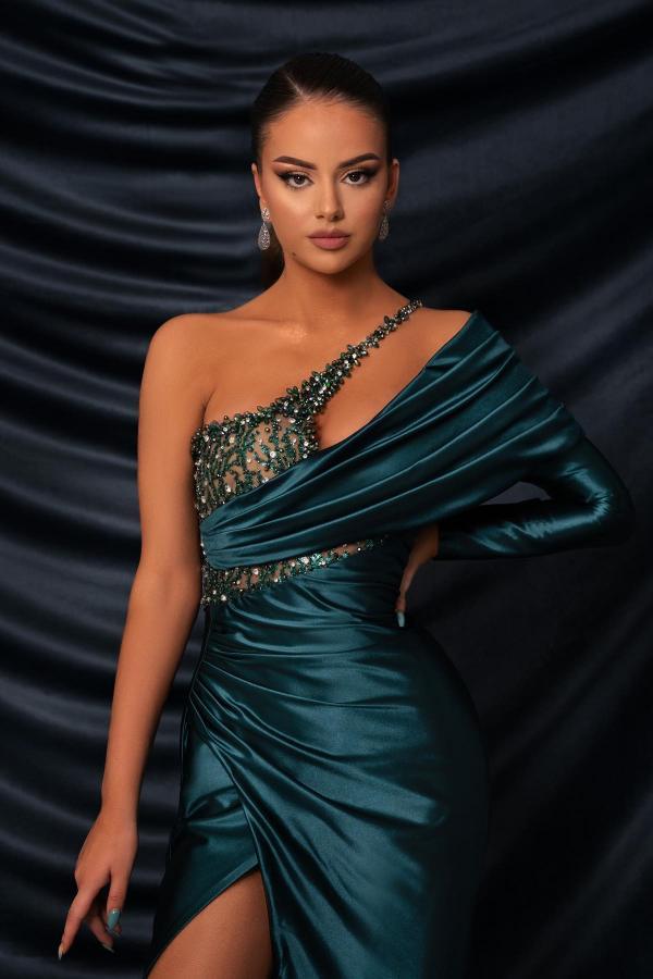 Long Mermaid One Shoulder Satin Beads Front Slit Prom Dresses with Sleeves