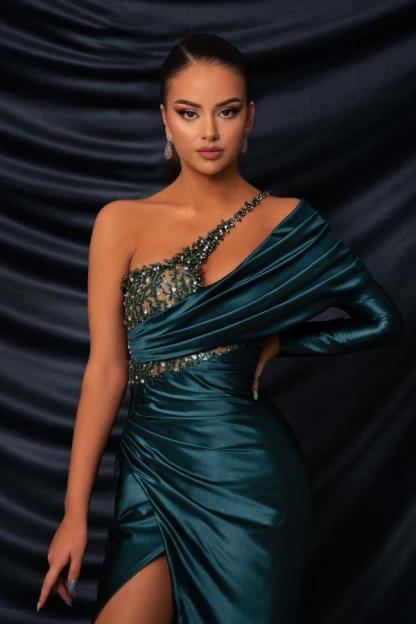 Long Mermaid One Shoulder Satin Beads Front Slit Prom Dresses with Sleeves