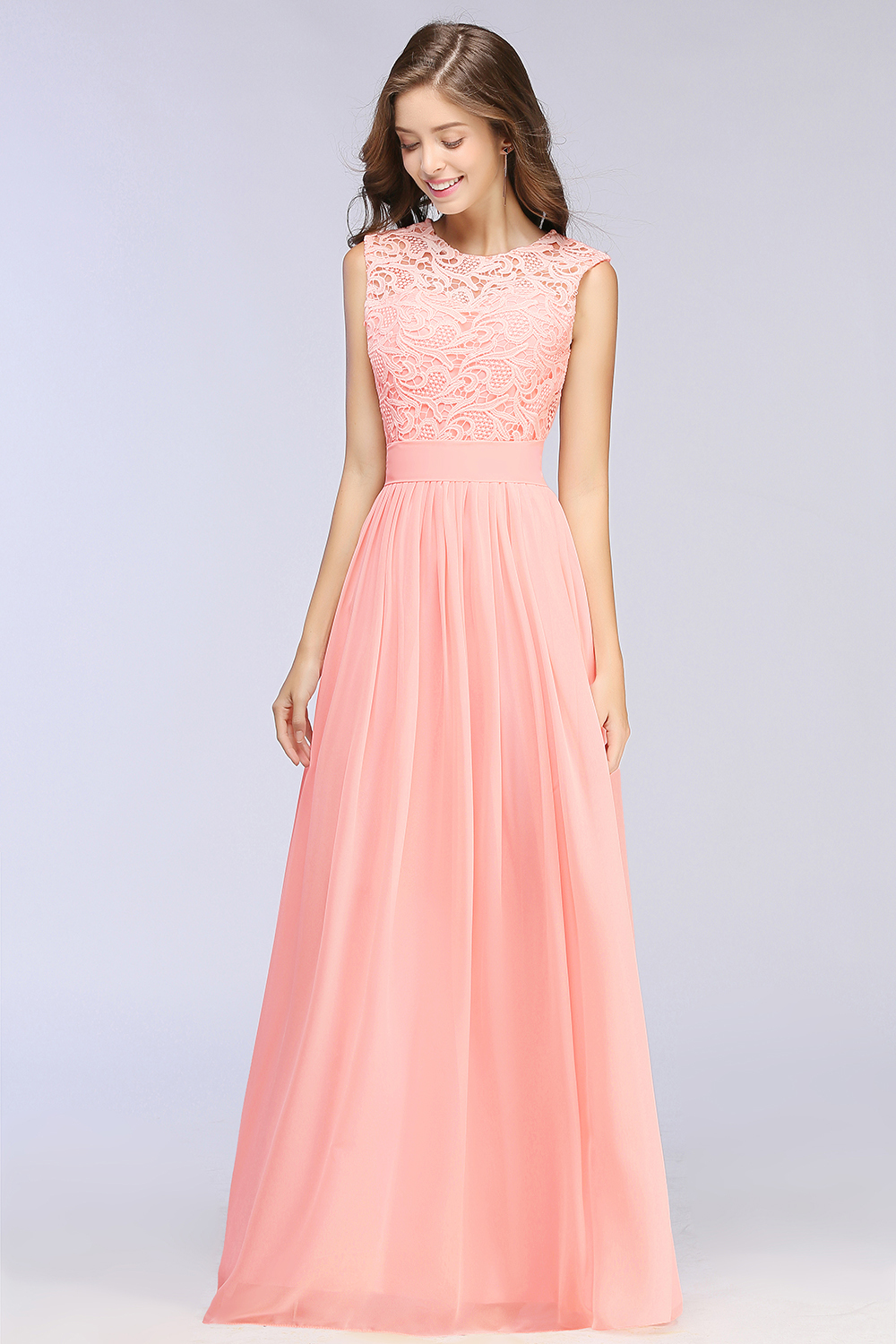 Sheath Crew Sleeveless Floor-length Lace Top Chiffon Bridesmaid Dresses