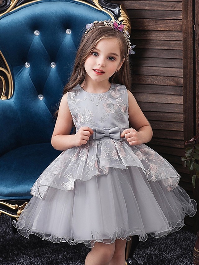 Princess / Ball Gown Knee Length Wedding / Party Flower Girl Dresses - Tulle Sleeveless Jewel Neck With Bow(S) / Tier