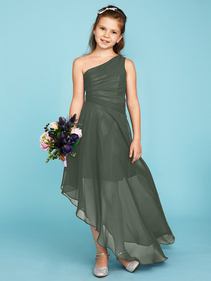 A-Line One Shoulder Asymmetrical Chiffon Junior Bridesmaid Dress With Side Draping / Wedding Party
