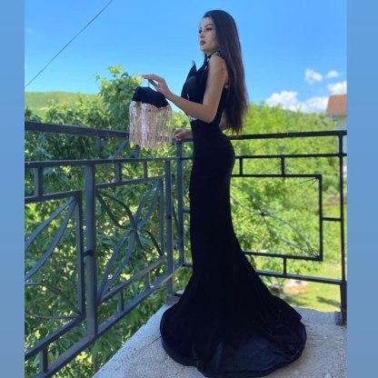 Sexy Black High Neck Appliques Lace Velvet Floor-length Mermaid Prom Dress With Slit