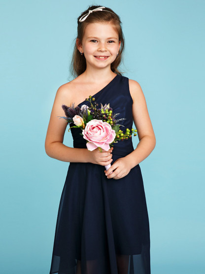 A-Line One Shoulder Asymmetrical Chiffon Junior Bridesmaid Dress With Side Draping / Wedding Party
