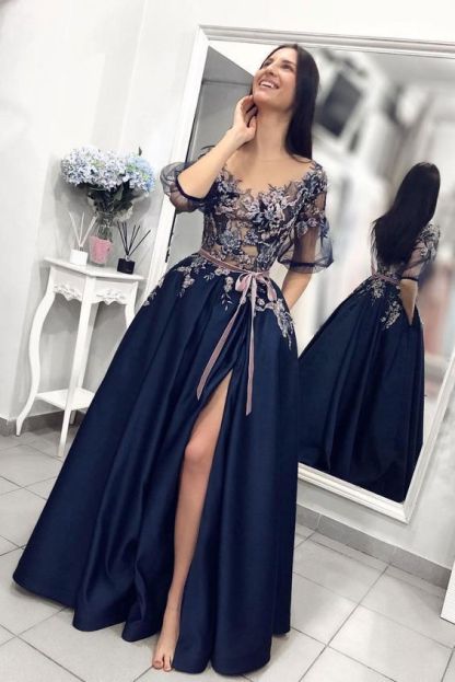 Fabulous Appliques Lace Off-the-shoulder Ribbons A-Line Prom Dresses with Slit