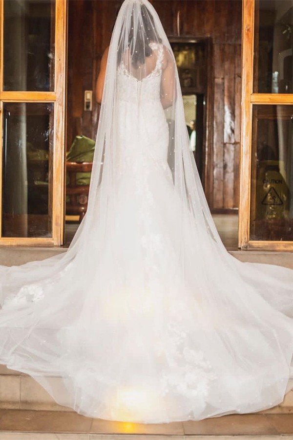 Elegant Long Sweetheart Straps Chapel Train A-Line Tulle Wedding Dress