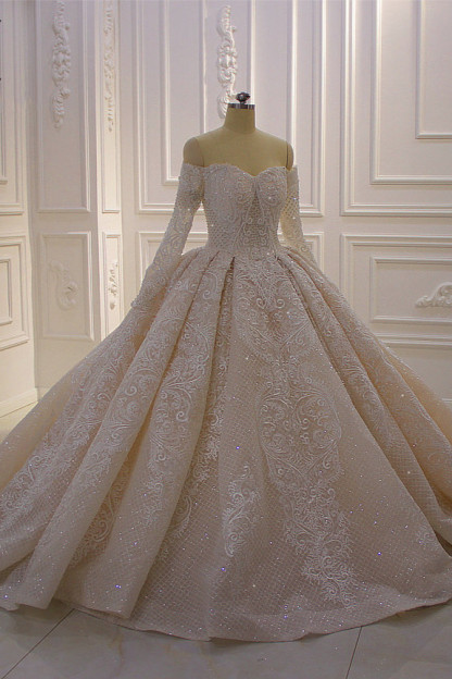 Gorgeous Off the Shoulder Long Sleeve Appliques Lace Ball Gown Wedding Dress