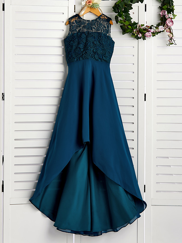 A-Line Jewel Neck Asymmetrical / Tea Length Chiffon / Lace Junior Bridesmaid Dress With Lace