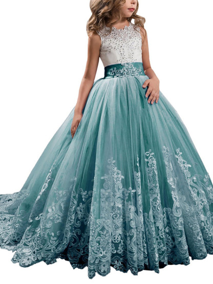 Princess Sleeveless Jewel Neck Pageant Flower Girl Dresses With Bow(S)