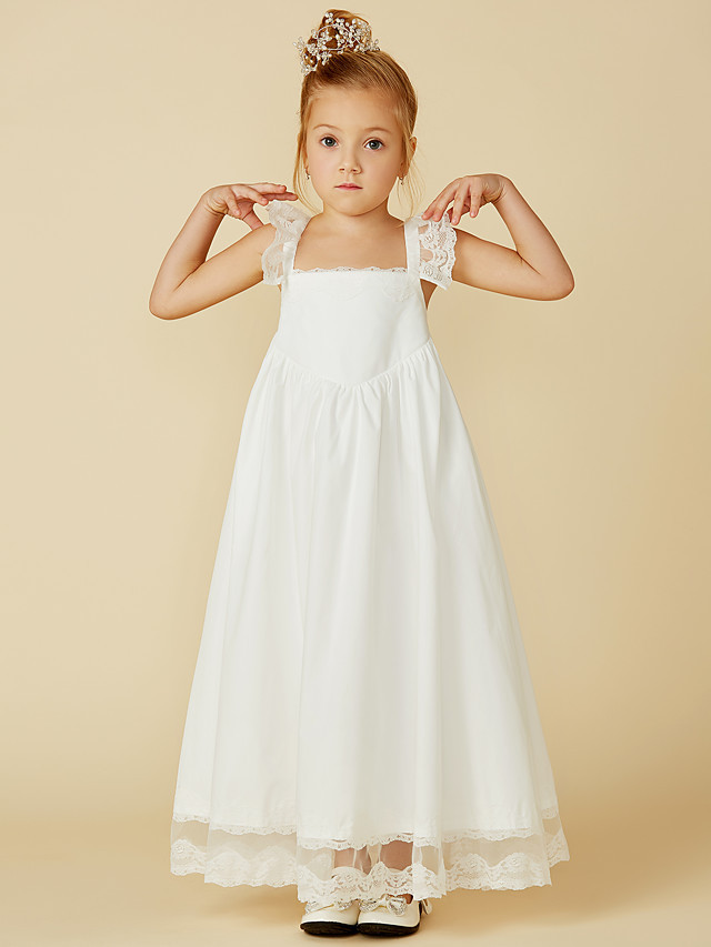 A-Line Ankle Length Wedding / First Communion Flower Girl Dresses - Lace / Cotton Sleeveless Straps With Pleats