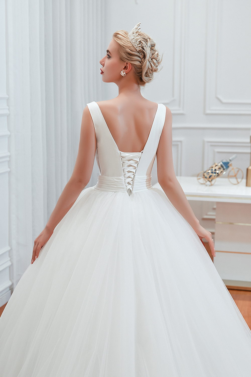 Long A-Line Tulle Wide Straps Deep V-neck Floor-length Wedding Dress