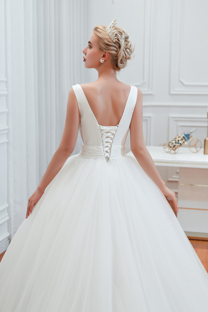 Long A-Line Tulle Wide Straps Deep V-neck Floor-length Wedding Dress