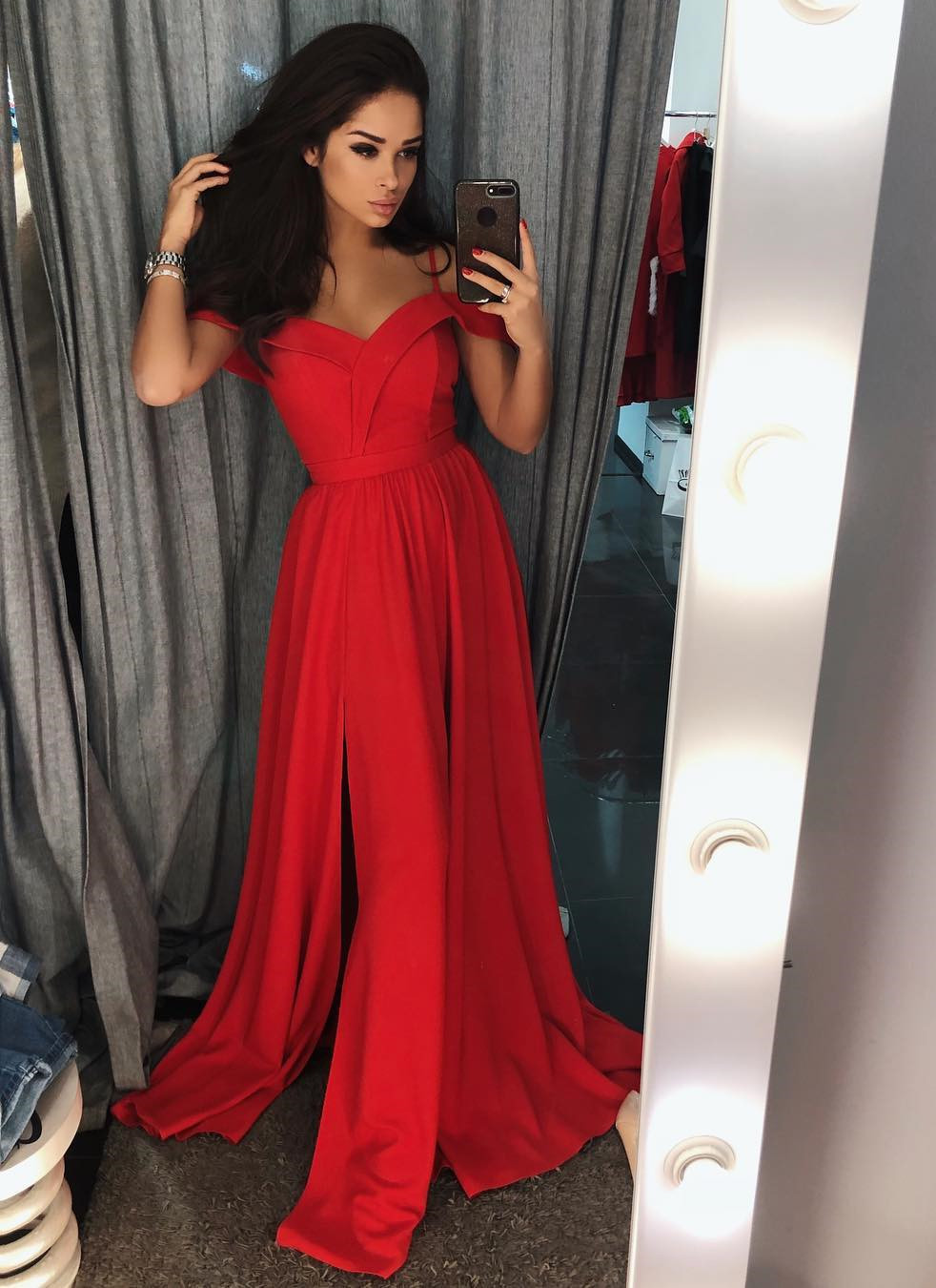 Modern Off-the-shoulder Spaghetti Straps A-Line Ruffles Prom Dress With Side Slit