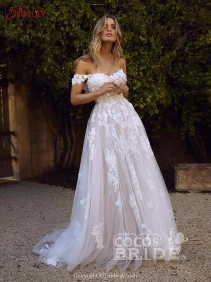 Gorgeous Long Off the Shoulder Open Back Appliques Tulle A-line Wedding Dresses