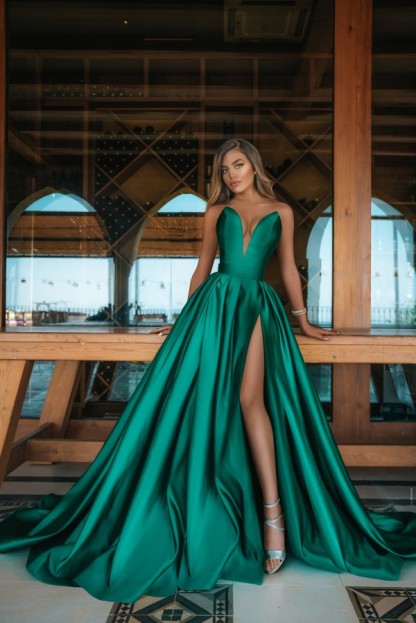 Sexy A-line Floor-length Deep V-neck Ruffles Satin Prom Dress with Slit