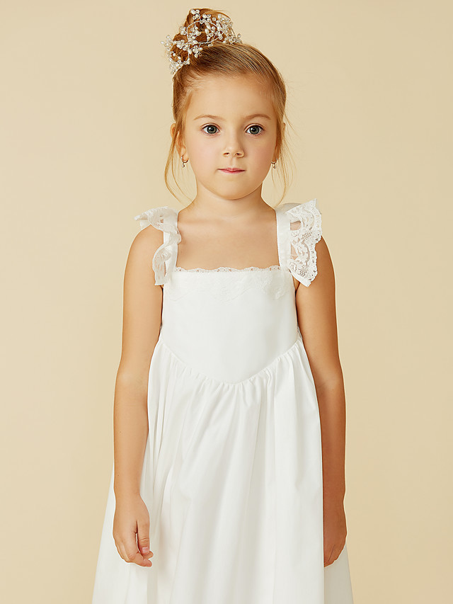 A-Line Ankle Length Wedding / First Communion Flower Girl Dresses - Lace / Cotton Sleeveless Straps With Pleats