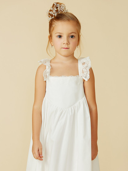 A-Line Ankle Length Wedding / First Communion Flower Girl Dresses - Lace / Cotton Sleeveless Straps With Pleats