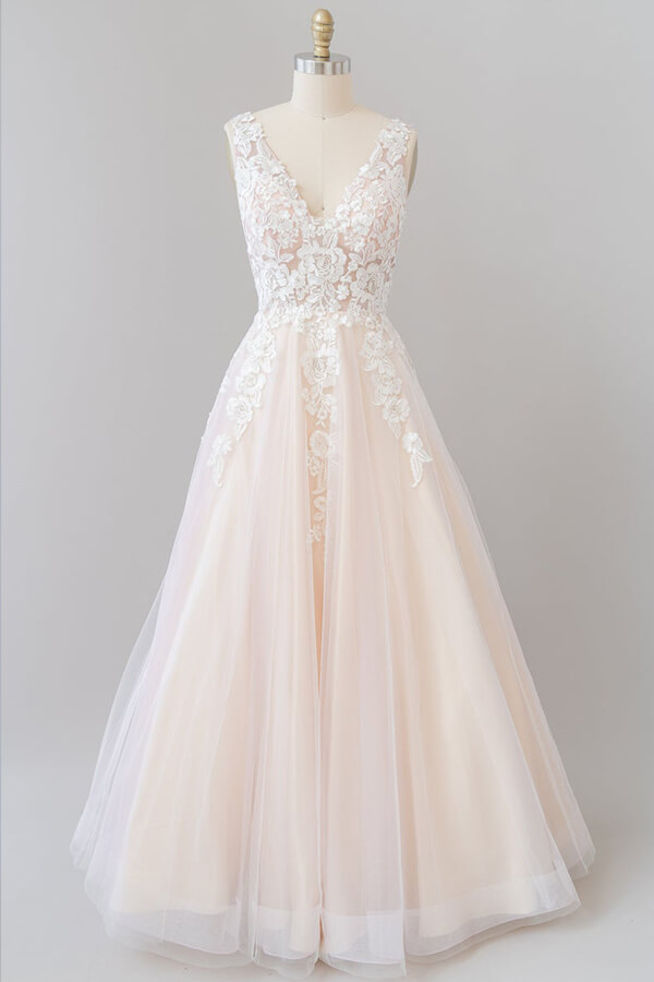Long A-line V-neck Appliques Lace Tulle Floor length Wedding Dress