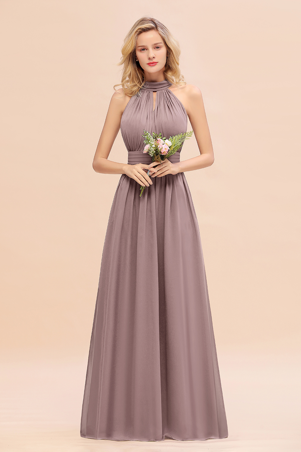 BM0758 Glamorous High-Neck Halter Bridesmaid Affordable Dresses with Ruffle