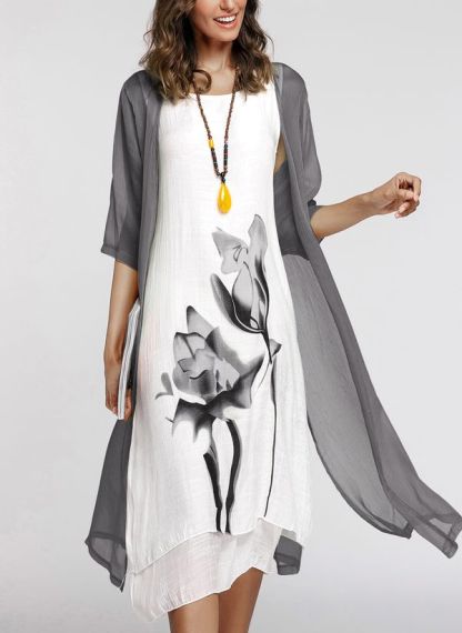 Floral Wrap Round Neckline Midi X-line Dress