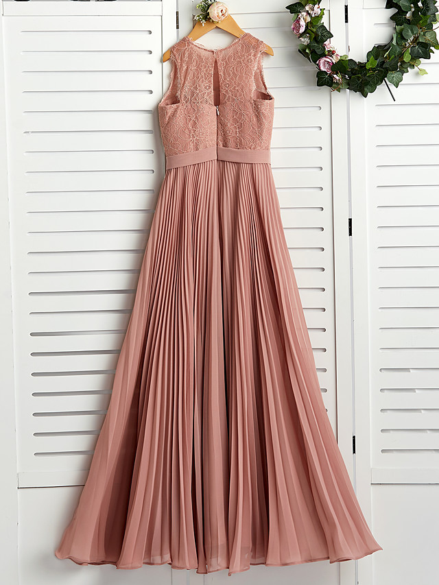 Dusty Rose Long A-line Chiffon Lace Junior Bridesmaid Dress