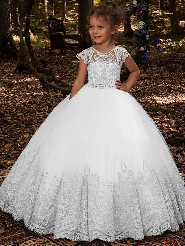 Ivory Long Ball Gown Jewel Neck Tulle Lace Birthday Flower Girl Dresses