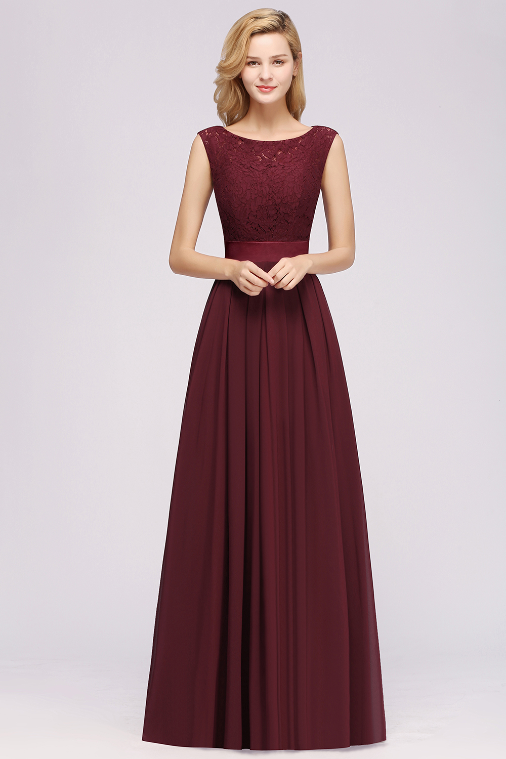 A-line Chiffon Lace Jewel Sleeveless Ruffles Floor-length Bridesmaid Dress