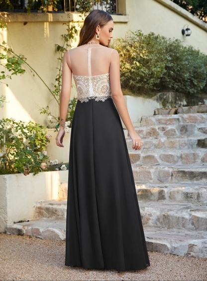 Elegant Long A-line Chiffon Sleeveless Tulle Lace Appliques Prom Dress