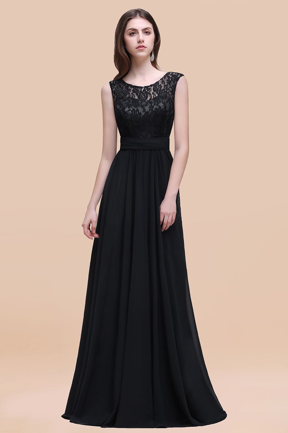 Elegant A-line Chiffon Lace Scoop Sleeveless Floor-Length Bridesmaid Dress