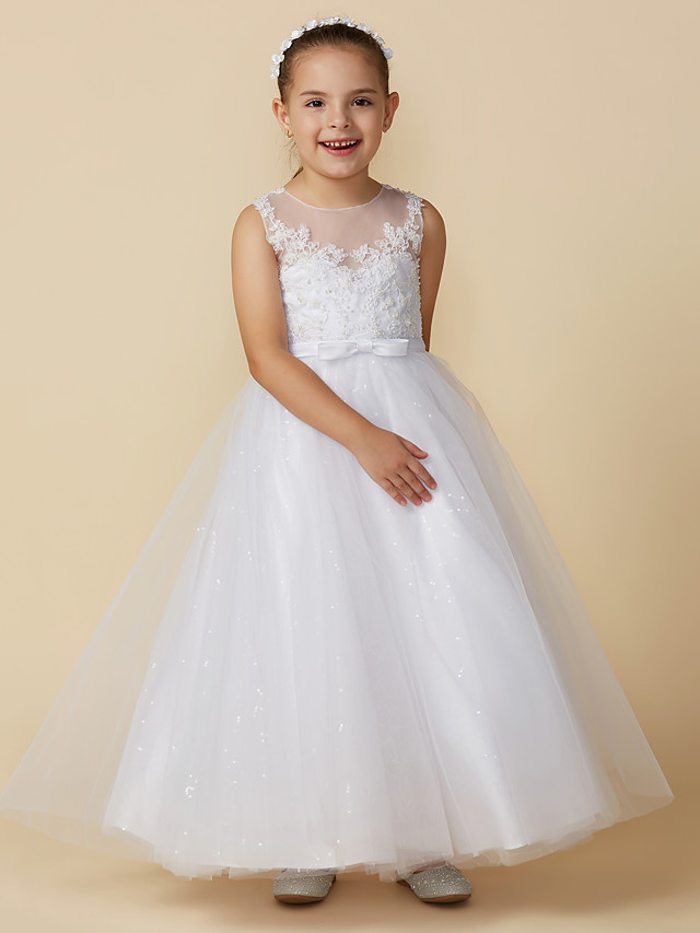 Princess Ankle Length Wedding / First Communion Lace / Tulle Sleeveless Boat Neck With Lace / Bow(S)