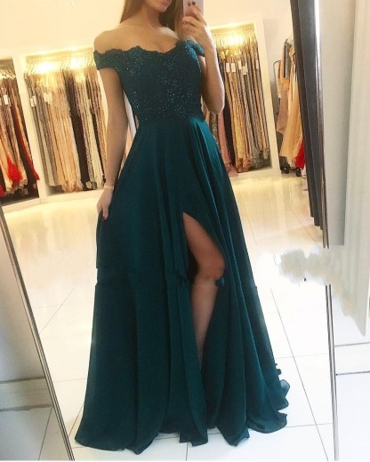 Delicate Off-the-shoulder Beading A-Line Ruffles Prom Dress With Side Slit