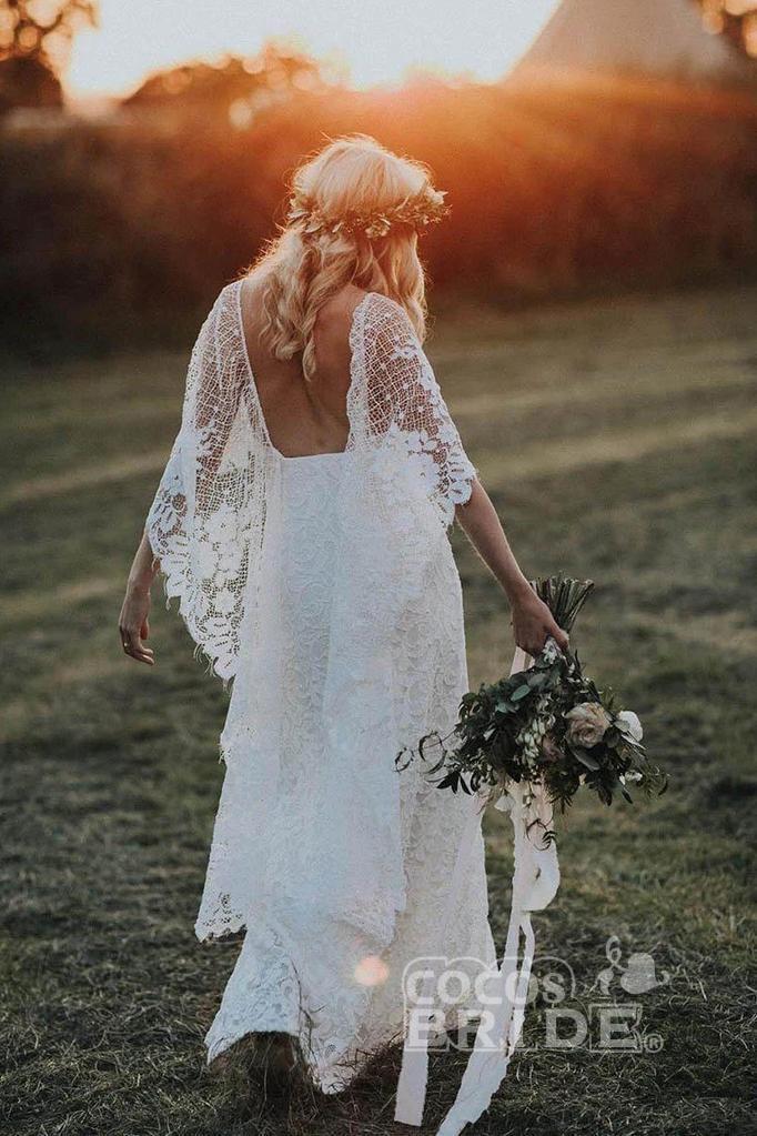 Ivory Boho Long Mermaid Lace Backless Wedding Dress