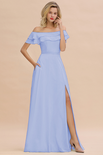 Off-the-Shoulder Front Slit Mint Green Long Bridesmaid Dress