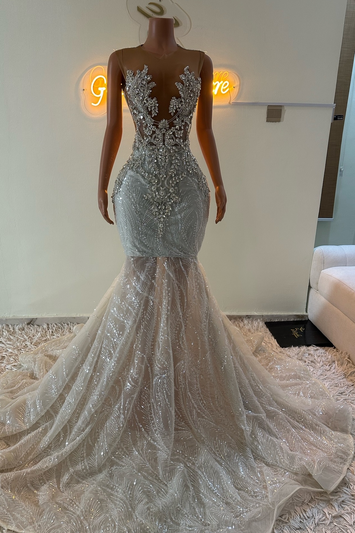 Mermaid Long Appliques White Prom Dress Rhinestones and Beads