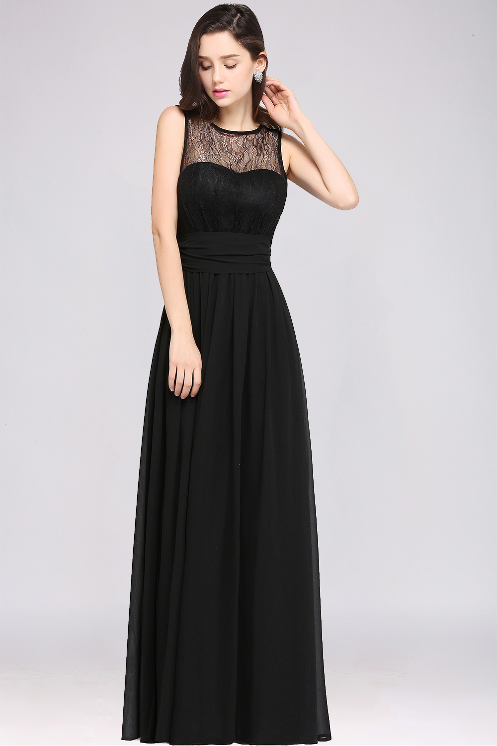 A-Line Chiffon Lace Jewel Sleeveless Keyhole Floor-Length Bridesmaid Dresses
