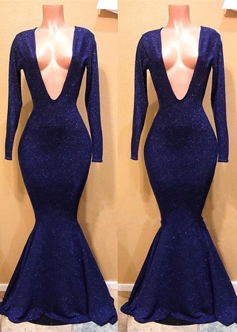 Sexy V-neck Long Sleeves Mermaid Sequins Prom Dresses