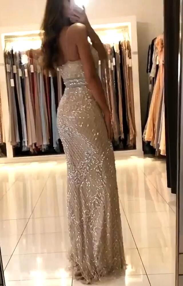 Shiny Spaghetti Straps V-neck Mermaid Sequins Floor-length Prom Dress