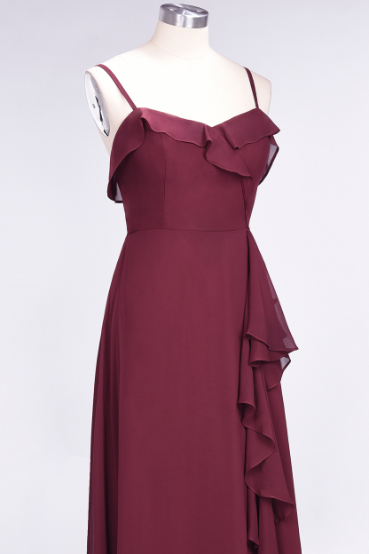 Spaghetti Straps A-Line Chiffon Backless Floor-length Prom Dress With Ruffles