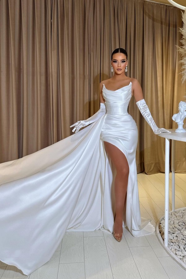 Simple Long Mermaid Strapless Satin Formal Prom Dresses with Slit