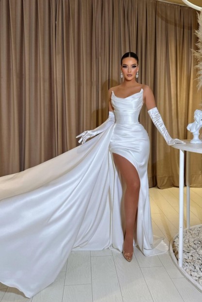 Simple Long Mermaid Strapless Satin Formal Prom Dresses with Slit